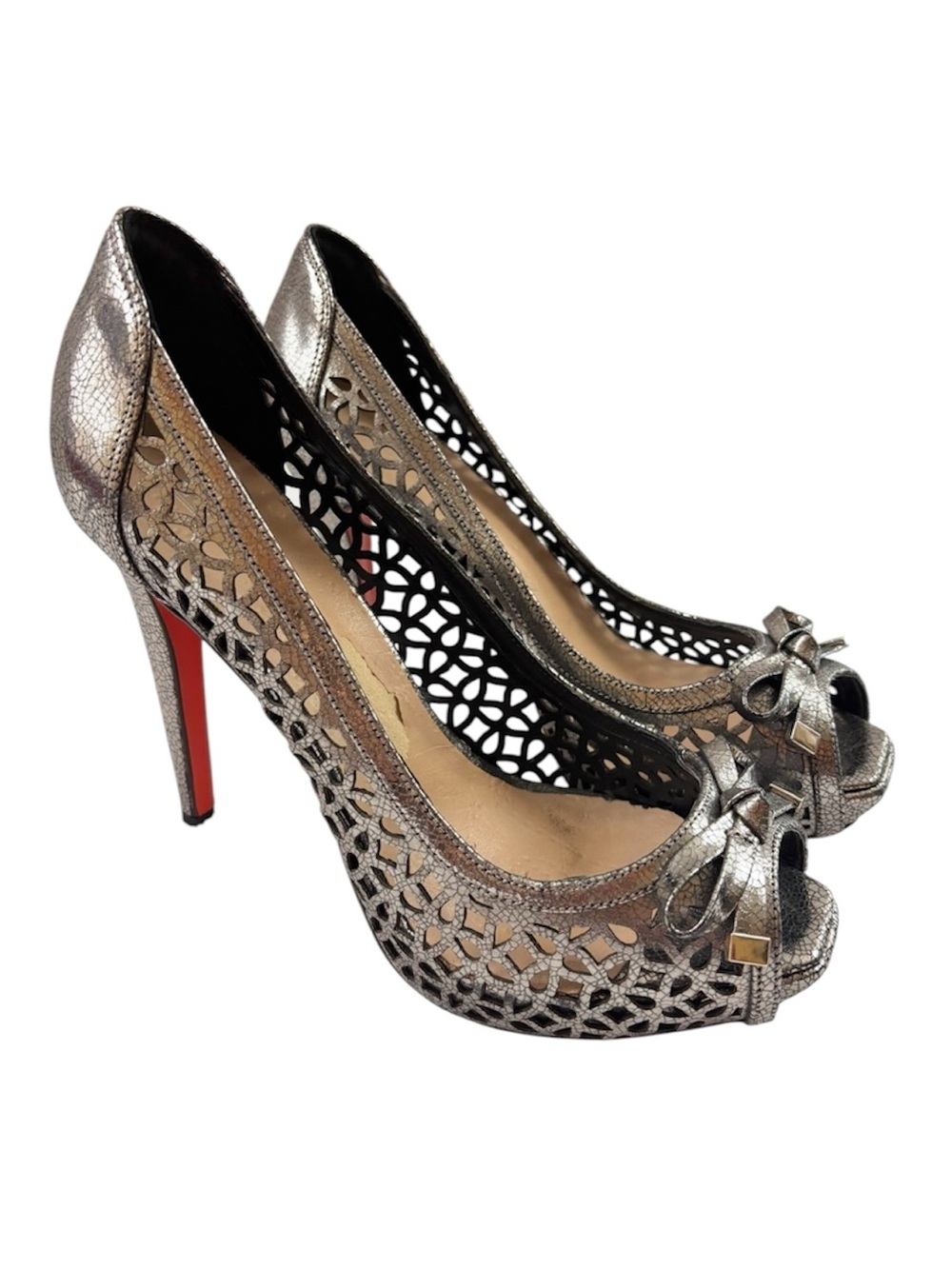LUCHO Metallic Pewter Laser Cut Peep Toe w/Bow Red Bottom Platform Pumps (9)